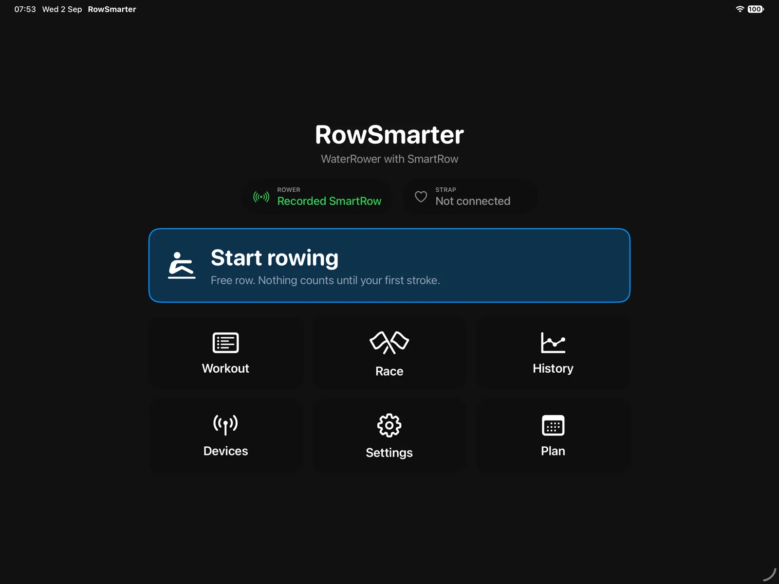 Het startscherm van Row Smarter voordat een sessie begint.