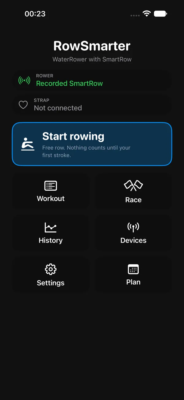Het startscherm van Row Smarter op iPhone.